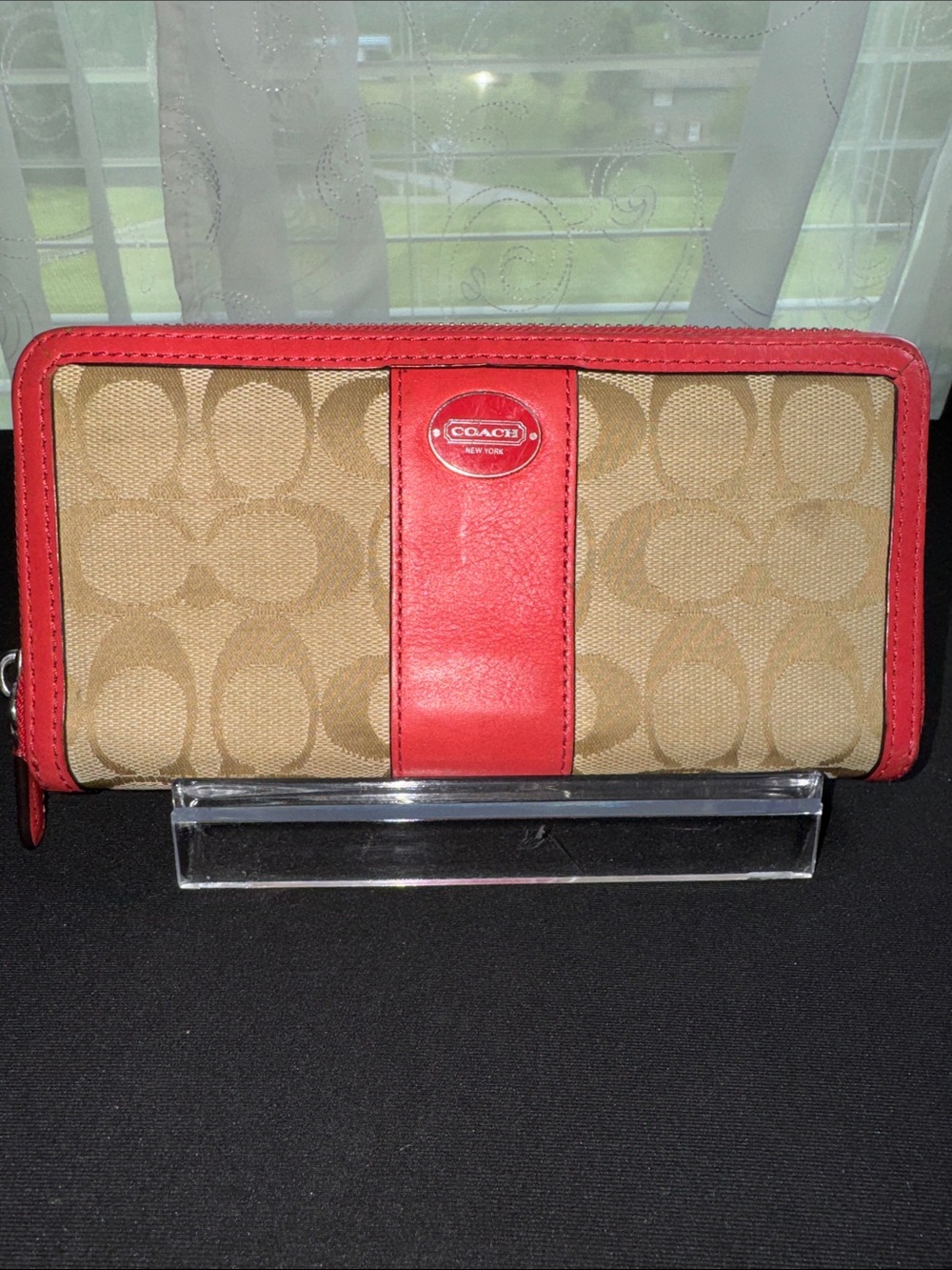 Coach Khaki Canvas Wallet with Red Trim